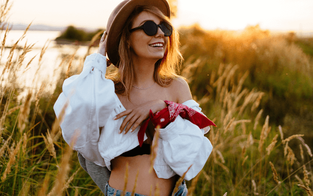 A sexy woman in a red bandana on her wrist