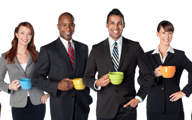 Corporate team holding colorful coffee mugs