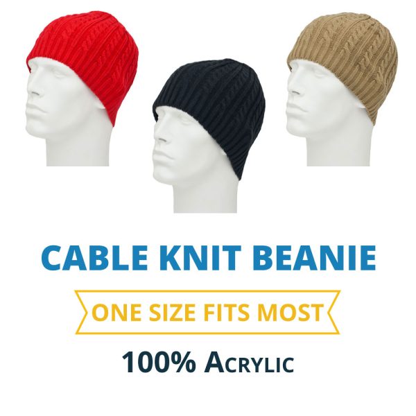 Cable Knit Beanie - Ribbed Trim - Acrylic - Imported